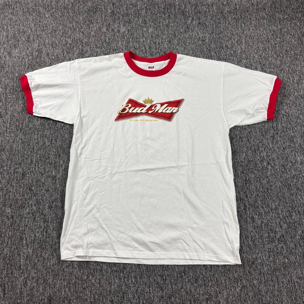 VIntage 90s Budweiser Bud Man Beer Promo Anvil Ringer T-Shirt White Red XL